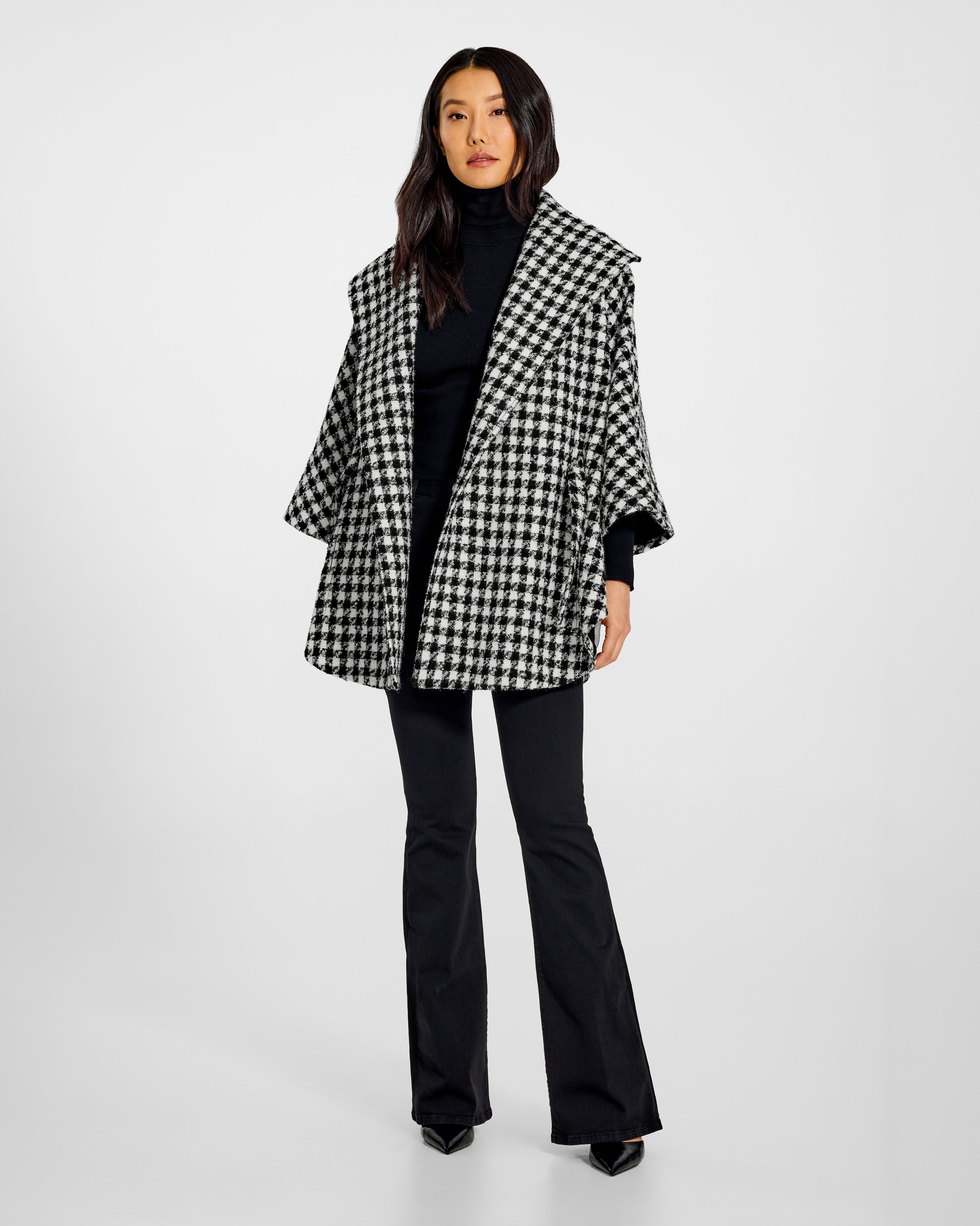 Tweed Houndstooth Alpaca Shawl Collar Cape | SENTALER