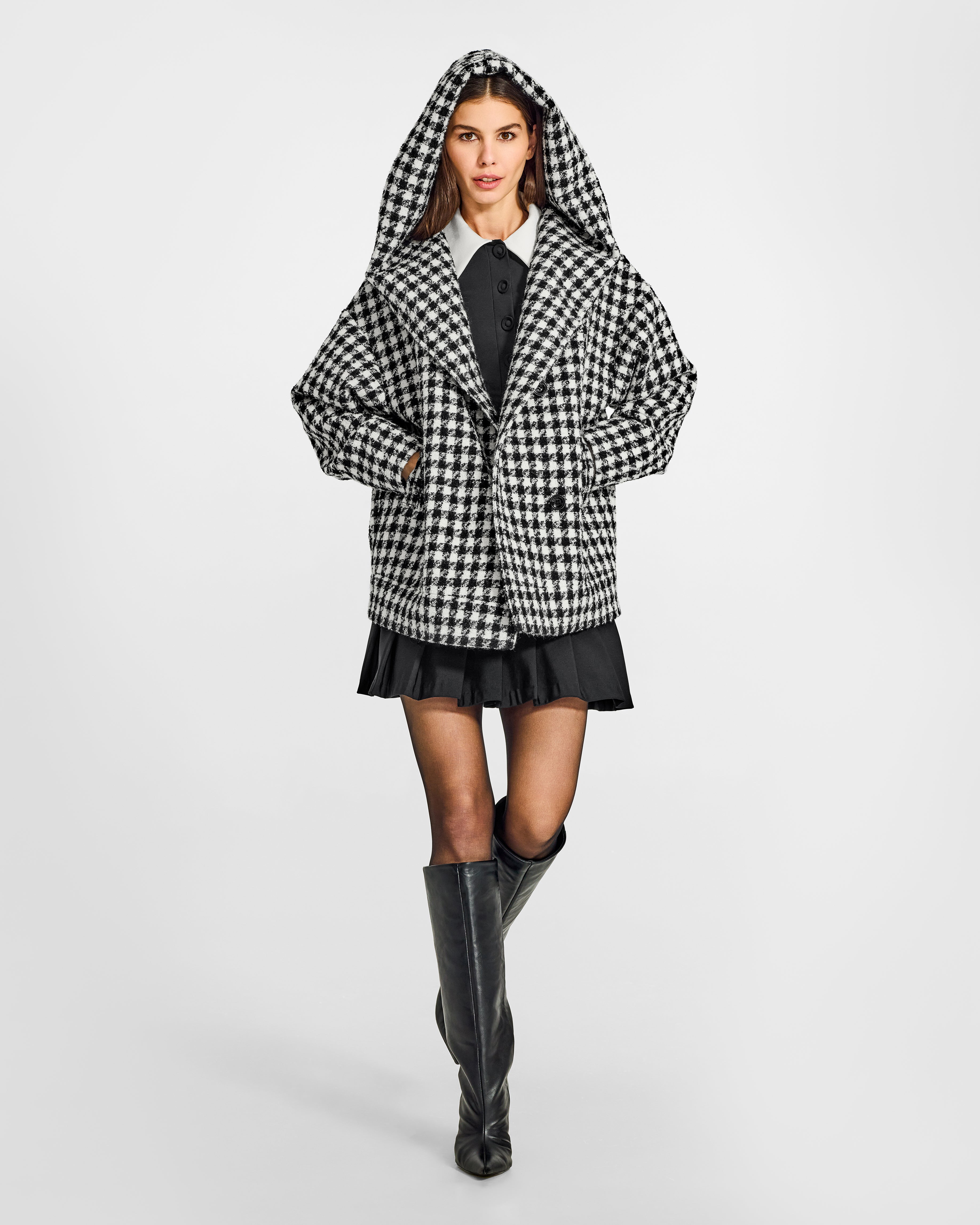 Tweed Houndstooth Alpaca Oversized Hooded Jacket | SENTALER