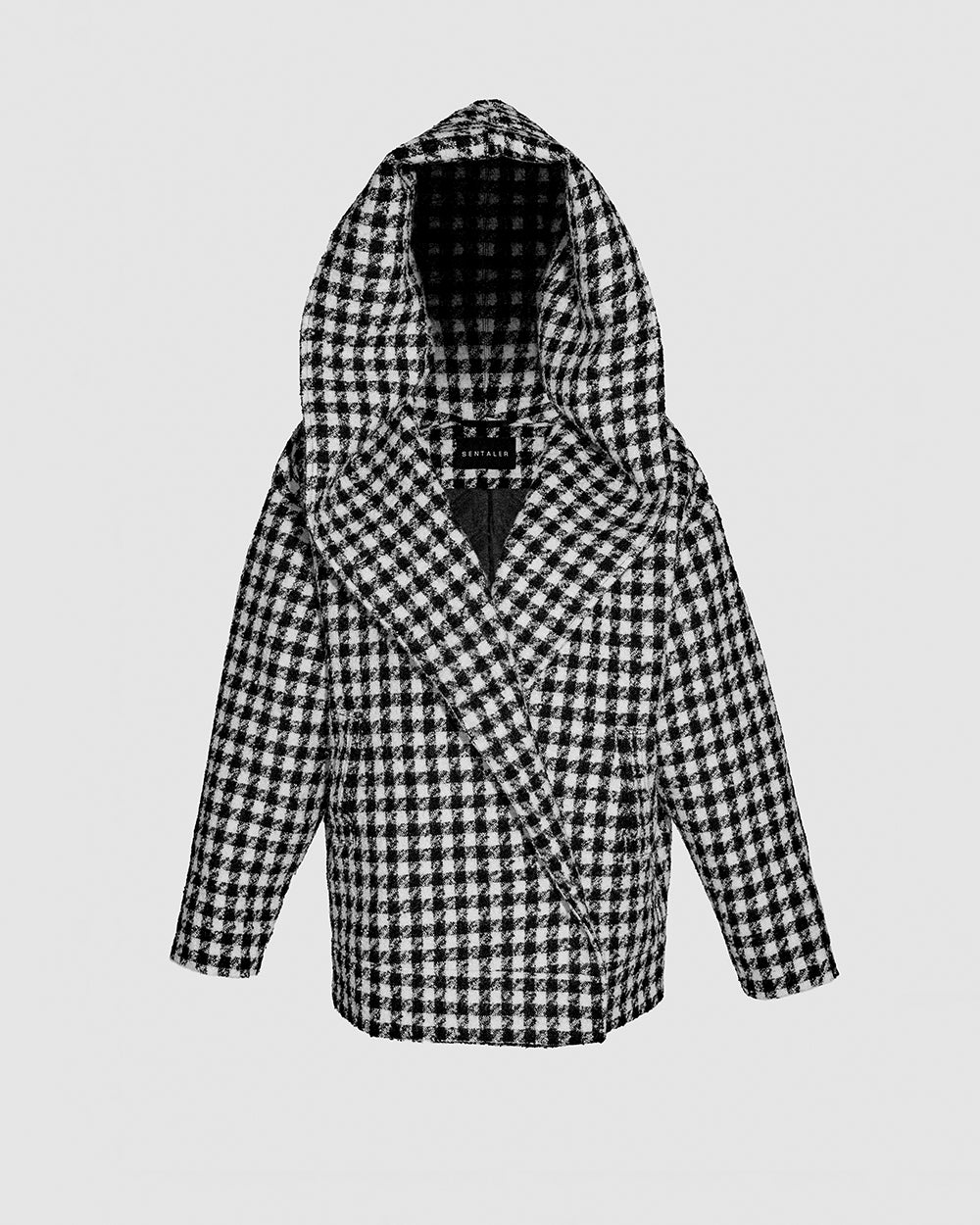 Sentaler Tweed Hooded Black and White Houndstooth Jacket in Tweed Suri Alpaca wool. Seen as off figure with hood.