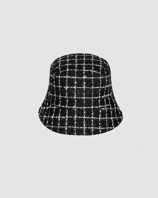 Sentaler Tweed Black Check Bucket Hat in Tweed Suri Alpaca wool. Seen as off figure.