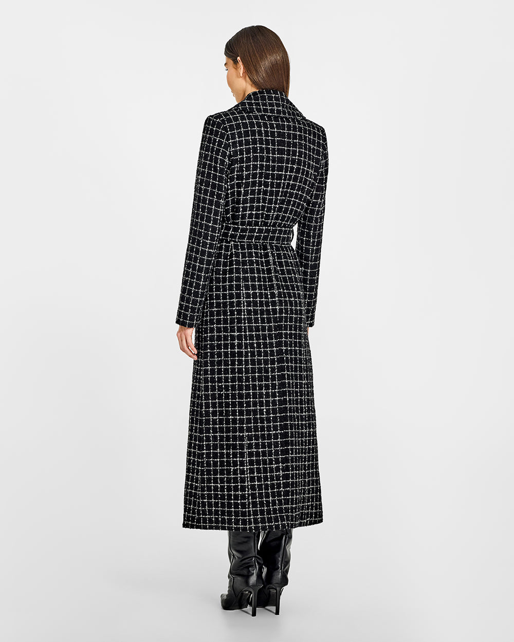 Sentaler Tweed Maxi Notched Collar Wrap Black Check Coat in Tweed Suri Alpaca wool. Seen from back belted on female model.