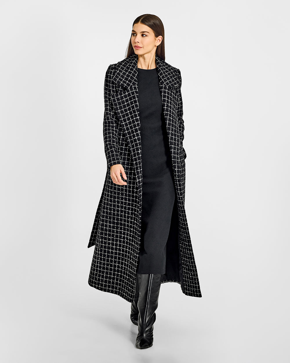 Sentaler Tweed Maxi Notched Collar Wrap Black Check Coat in Tweed Suri Alpaca wool. Seen from front open on female model.