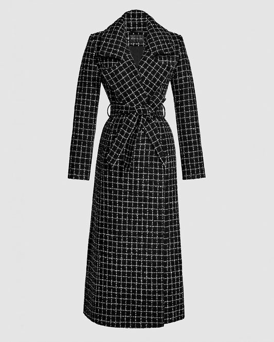 Sentaler Tweed Maxi Notched Collar Wrap Black Check Coat in Tweed Suri Alpaca wool. Seen as belted off figure.