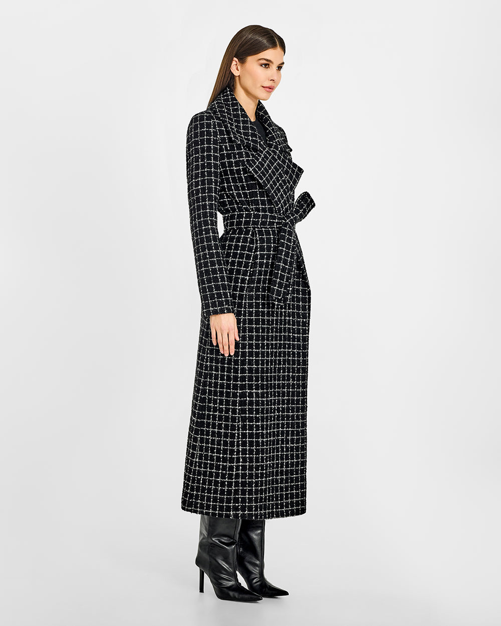 Sentaler Tweed Maxi Notched Collar Wrap Black Check Coat in Tweed Suri Alpaca wool. Seen from side belted on female model.