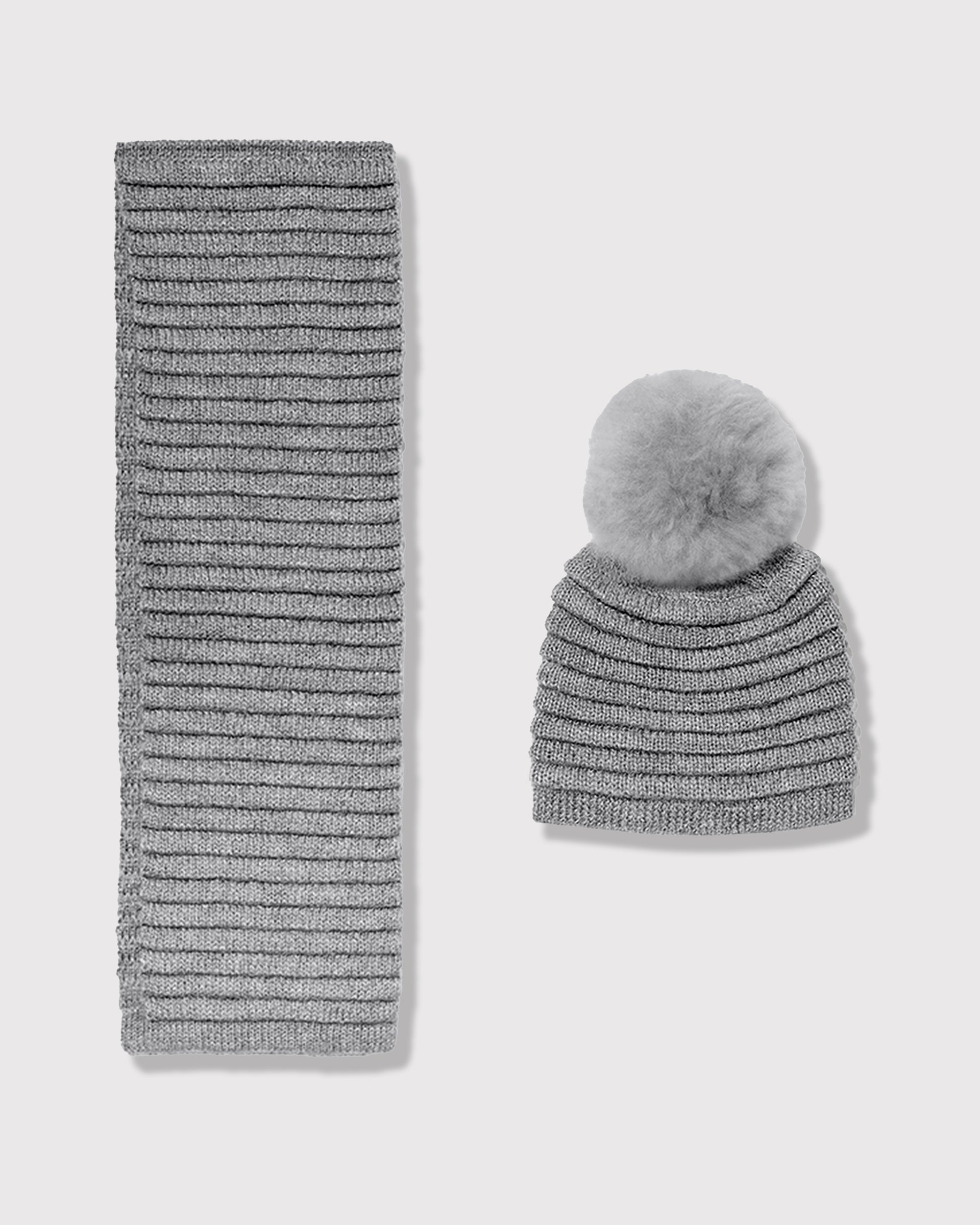 Sentaler kids grey accessories set made from Baby Alpaca fabric, displayed on a white background.