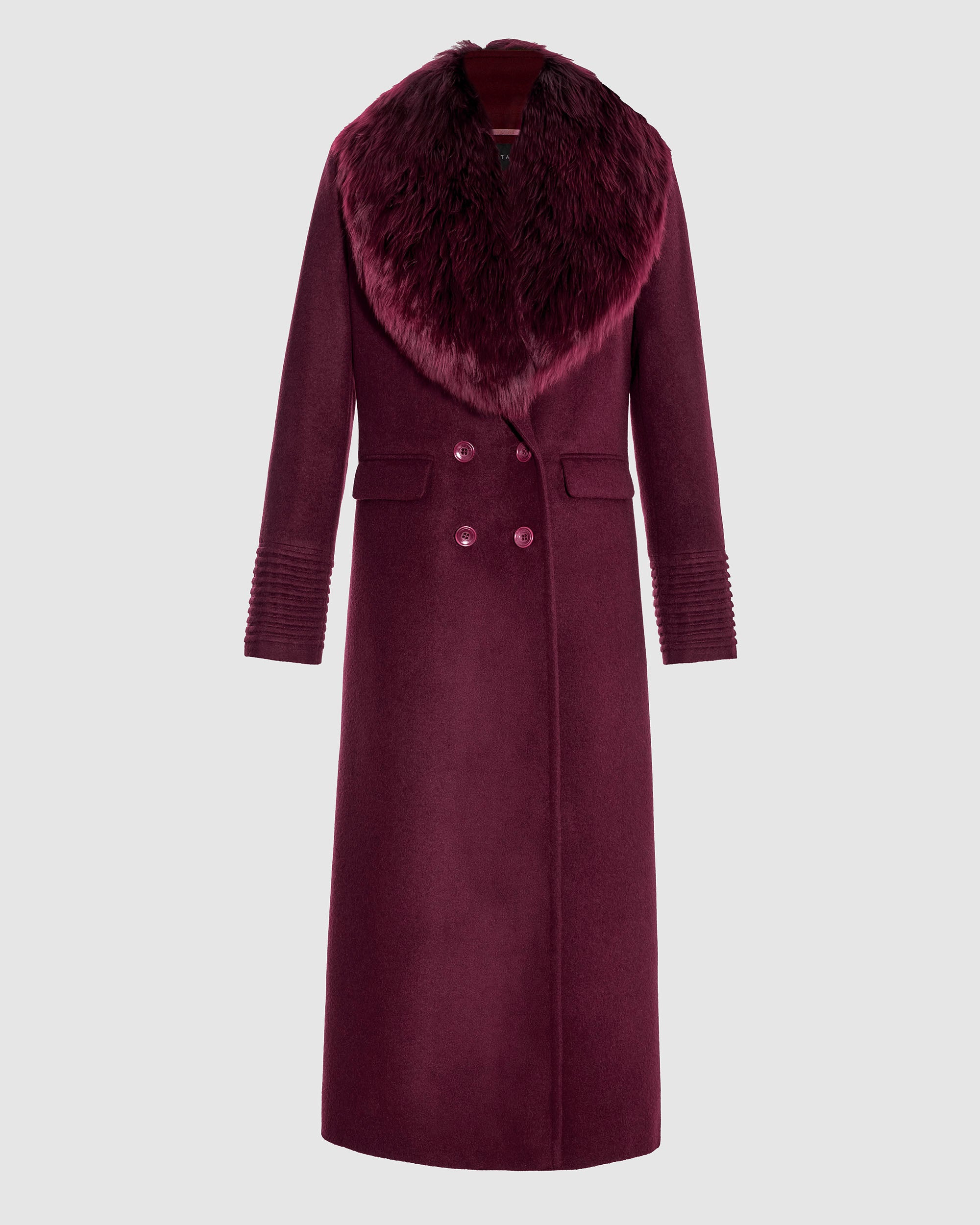 Sentaler cherry lacquer double breasted maxi coat made of baby alpaca wool with alpaca shearling collar, buttoned.