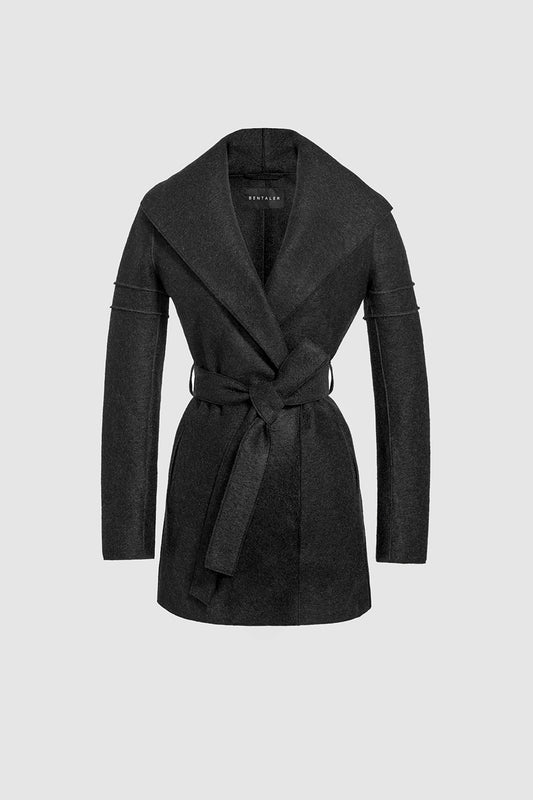 Sentaler Wrap Coat with Double Ribbed Detail featured in Superfine Alpaca and available in Black. Seen as off figure belted.