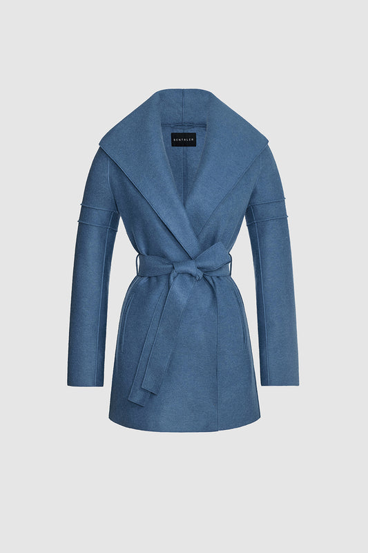 Sentaler Wrap Coat with Double Ribbed Detail featured in Superfine Alpaca and available in Dusty Blue. Seen as off figure belted.