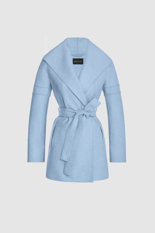Sentaler Wrap Coat with Double Ribbed Detail featured in Superfine Alpaca and available in Glacial Blue. Seen as off figure belted.