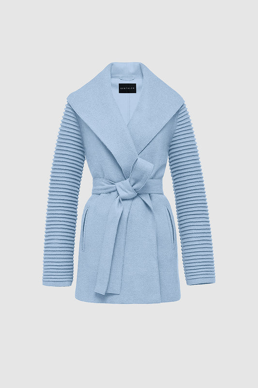 Sentaler Wrap Coat with Ribbed Sleeves featured in Superfine Alpaca and available in Glacial Blue. Seen as off figure belted.