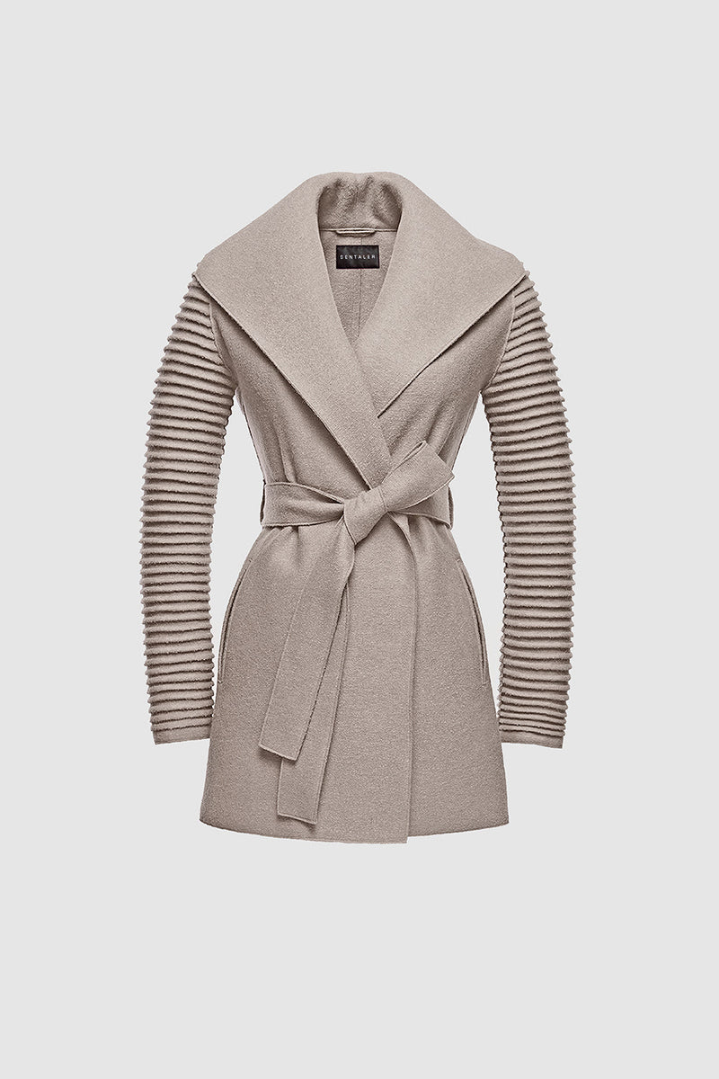 Wrap Coat with Ribbed Sleeves