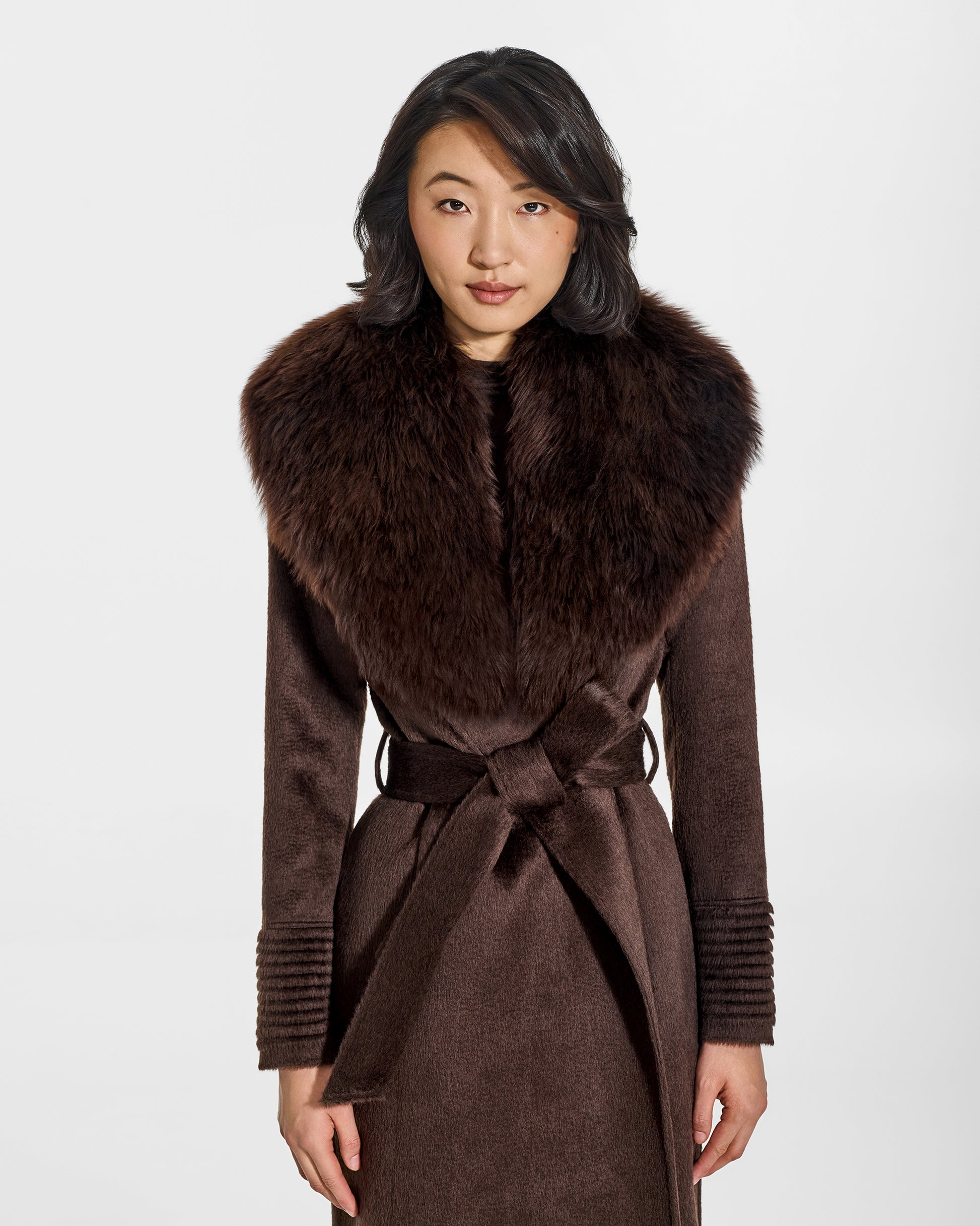 SENTALER Shawl Collar in Chocolate Brown, Alpaca Shearling. Worn by a female model, front view.