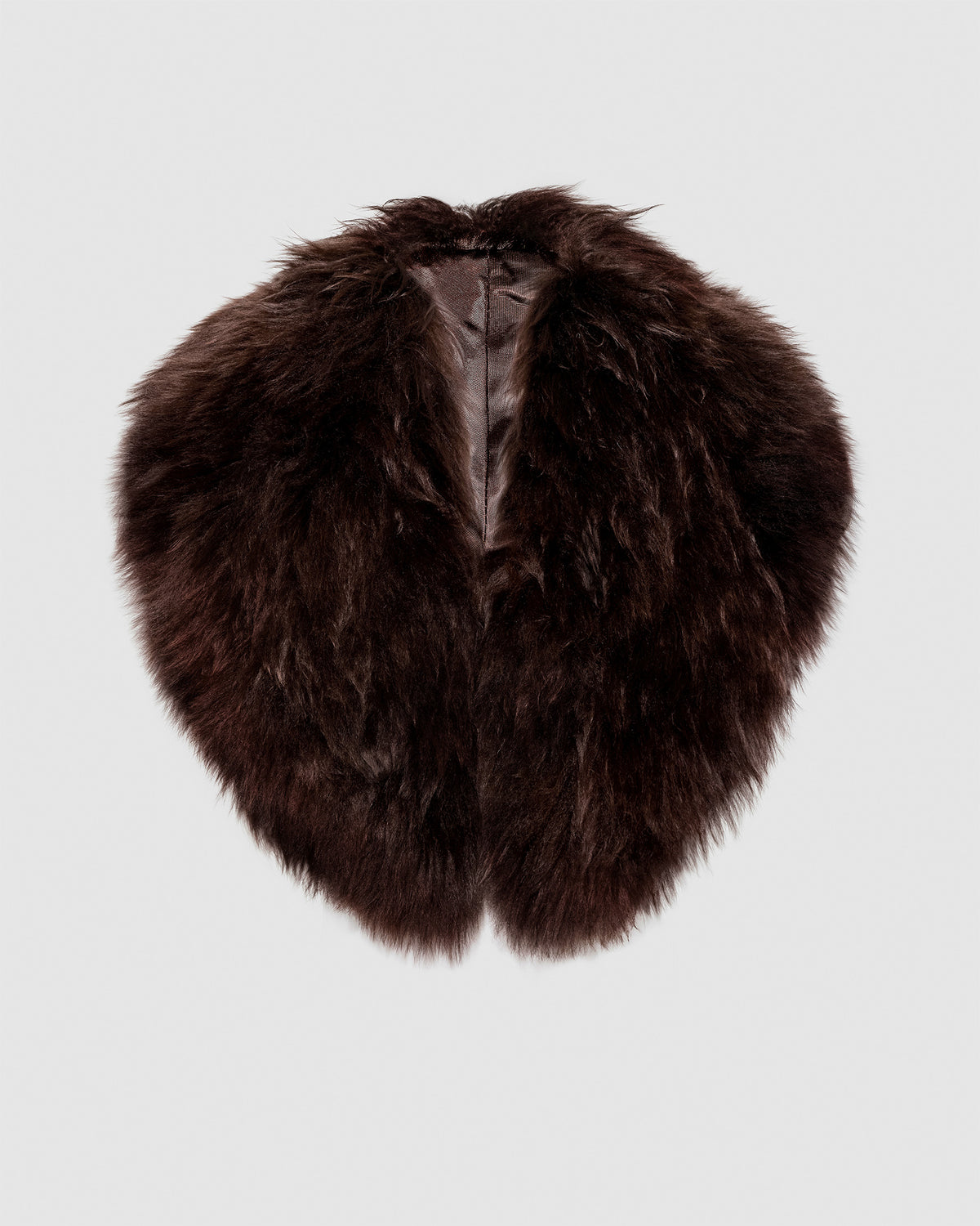 SENTALER Shawl Collar in Chocolate Brown, Alpaca Shearling. Off-figure.