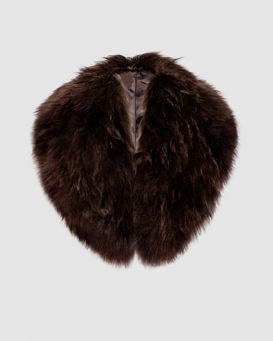 SENTALER Shawl Collar in Chocolate Brown, Alpaca Shearling. Off-figure.