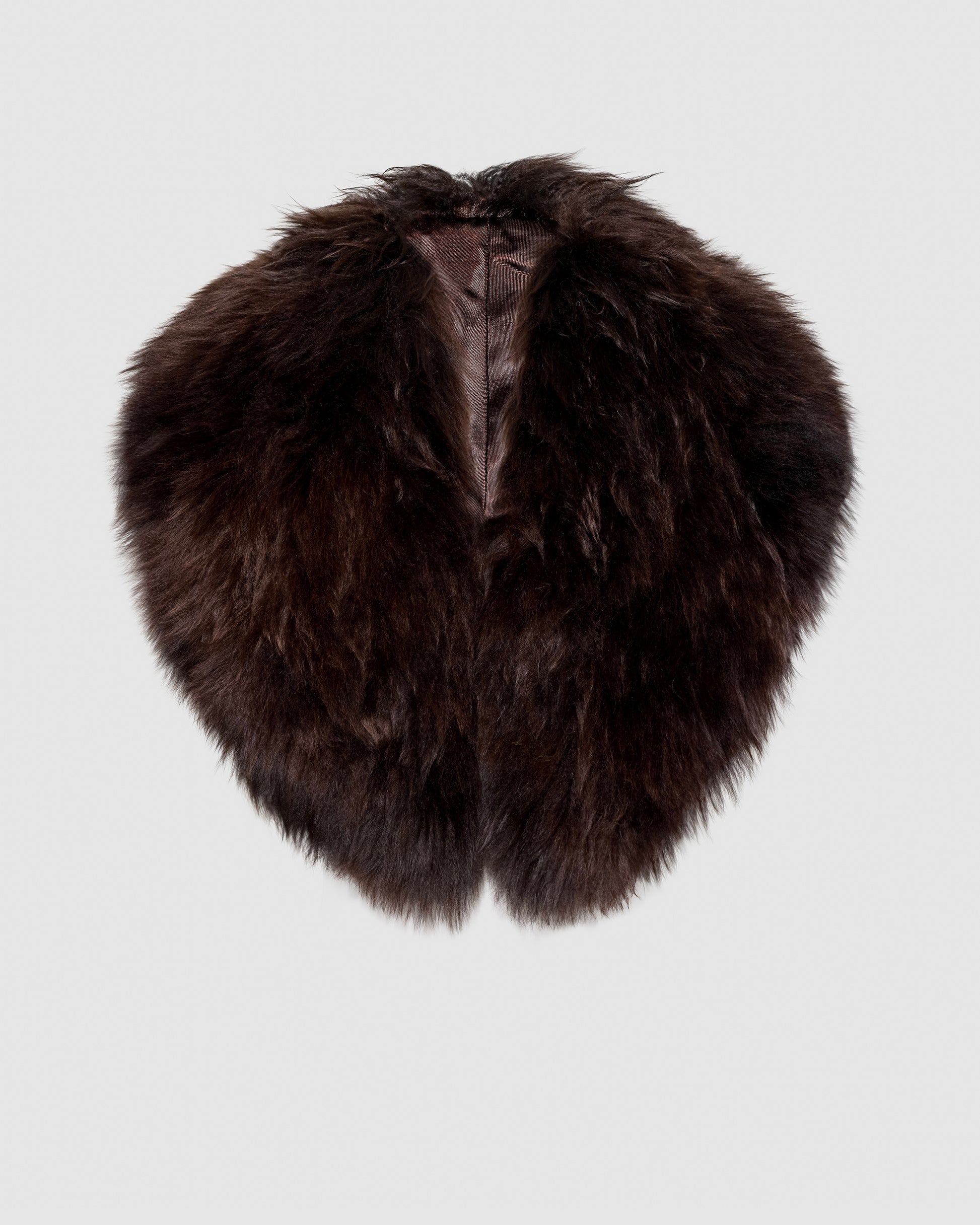SENTALER Shawl Collar in Chocolate Brown, Alpaca Shearling. Off-figure.