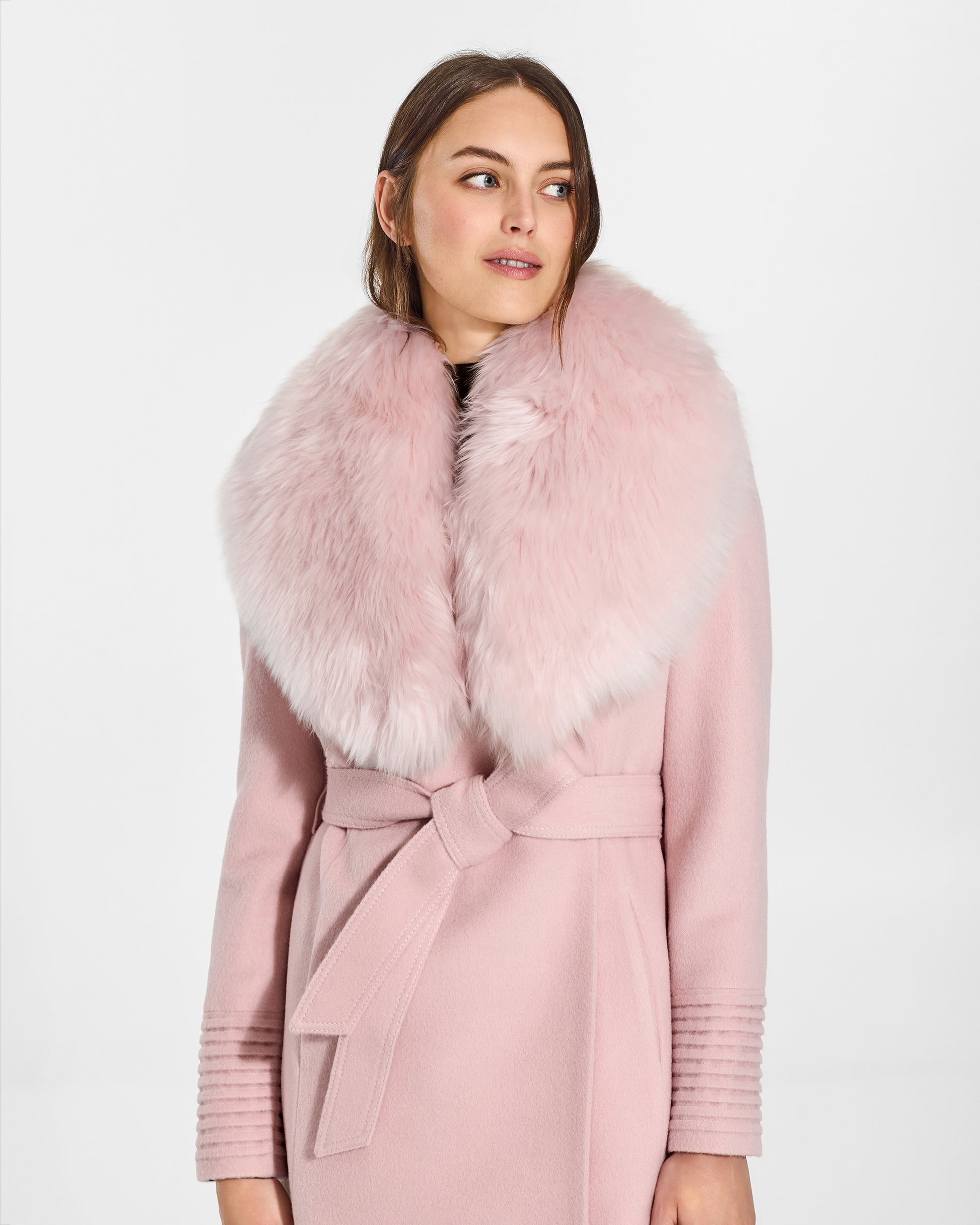 SENTALER Shawl Collar in Pink Frost, Alpaca Shearling. Worn by a female model, front view, close-up.