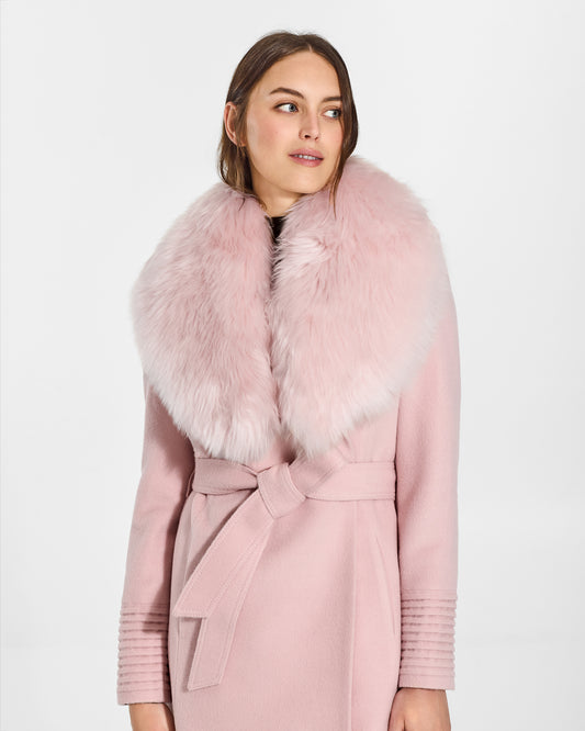 SENTALER Shawl Collar in Pink Frost, Alpaca Shearling. Worn by a female model, front view, close-up.