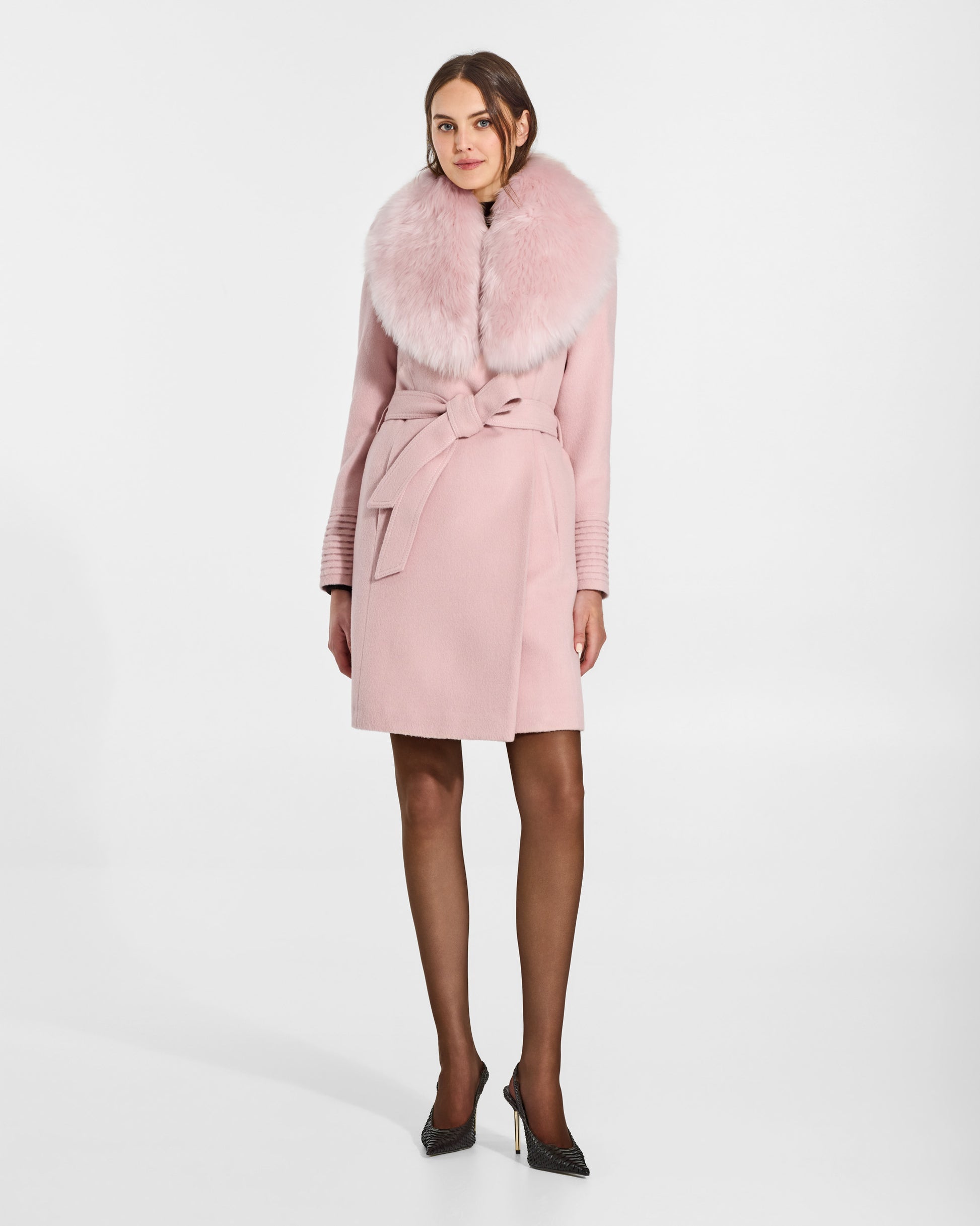 SENTALER Shawl Collar in Pink Frost, Alpaca Shearling. Worn by a female model, front view