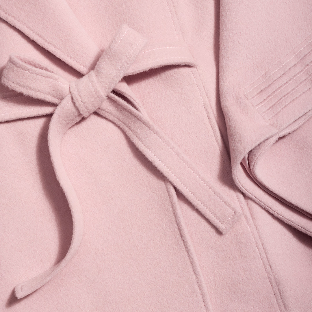 SENTALER Cape with Shawl Collar and Belt in Pink Frost, Baby Alpaca. Flat lay, close-up garment, belted.