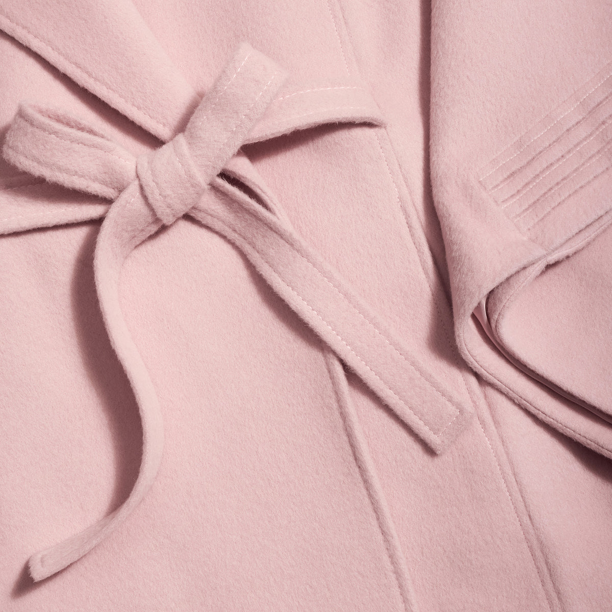 SENTALER Cape with Shawl Collar and Belt in Pink Frost, Baby Alpaca. Flat lay, close-up garment, belted.
