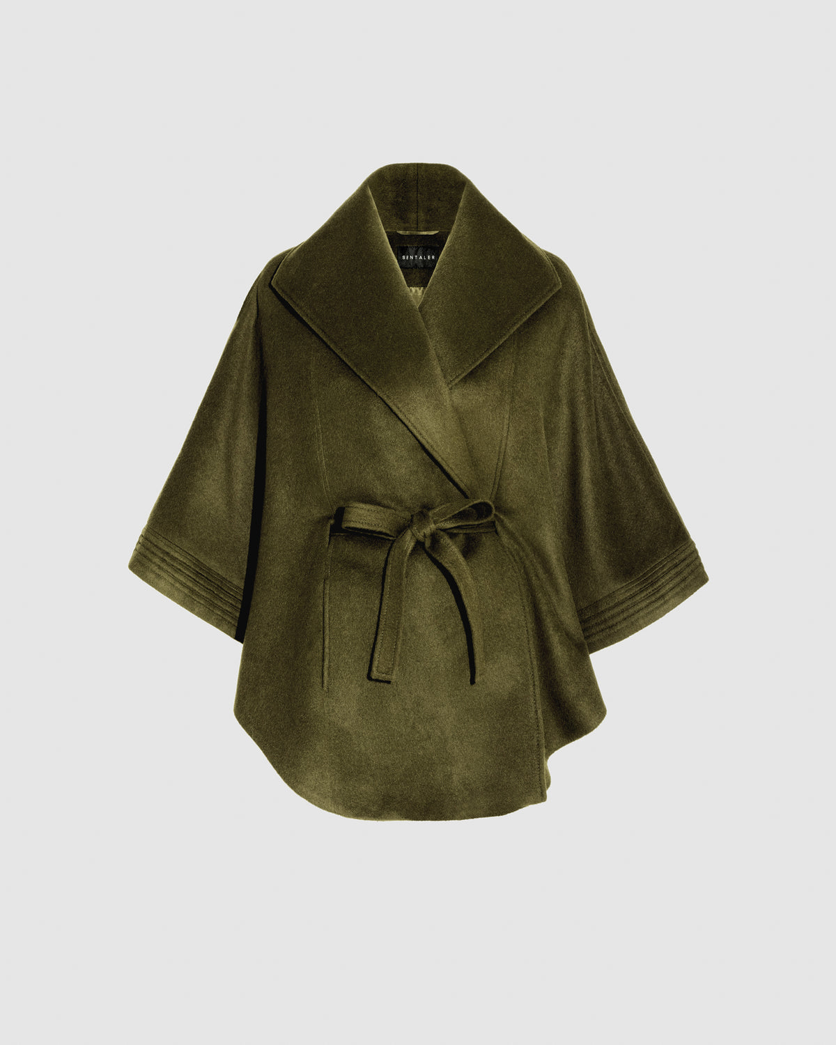 SENTALER Cape with Shawl Collar and Coat in Olive Green, Baby Alpaca. Off-figure, belted.