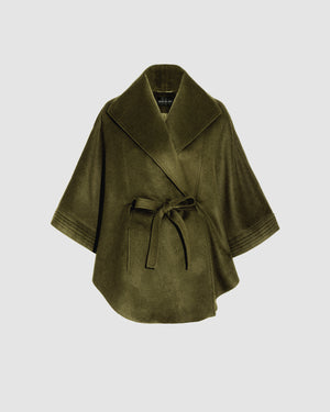 SENTALER Cape with Shawl Collar and Coat in Olive Green, Baby Alpaca. Off-figure, belted.