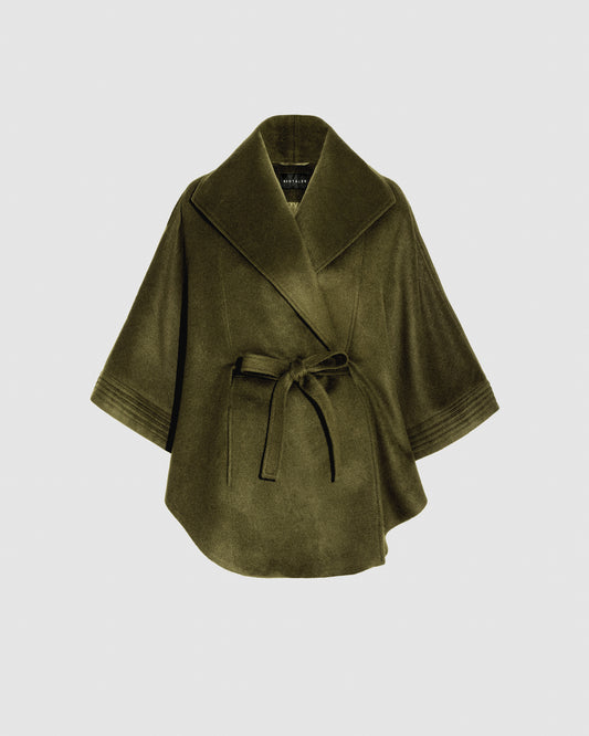 SENTALER Cape with Shawl Collar and Coat in Olive Green, Baby Alpaca. Off-figure, belted.