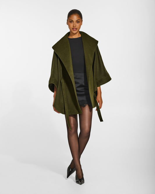 SENTALER Cape with Shawl Collar and Belt in Olive, Baby Alpaca. Worn by a female model, front view, open.