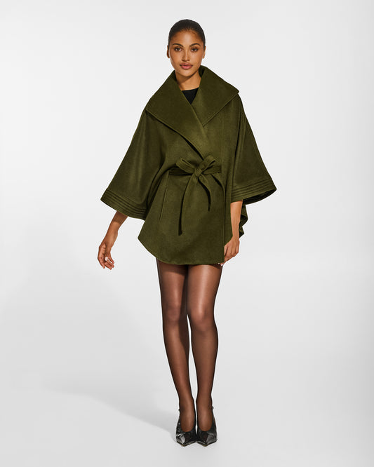SENTALER Cape with Shawl Collar and Belt in Olive, Baby Alpaca. Worn by a female model, front view, belted.