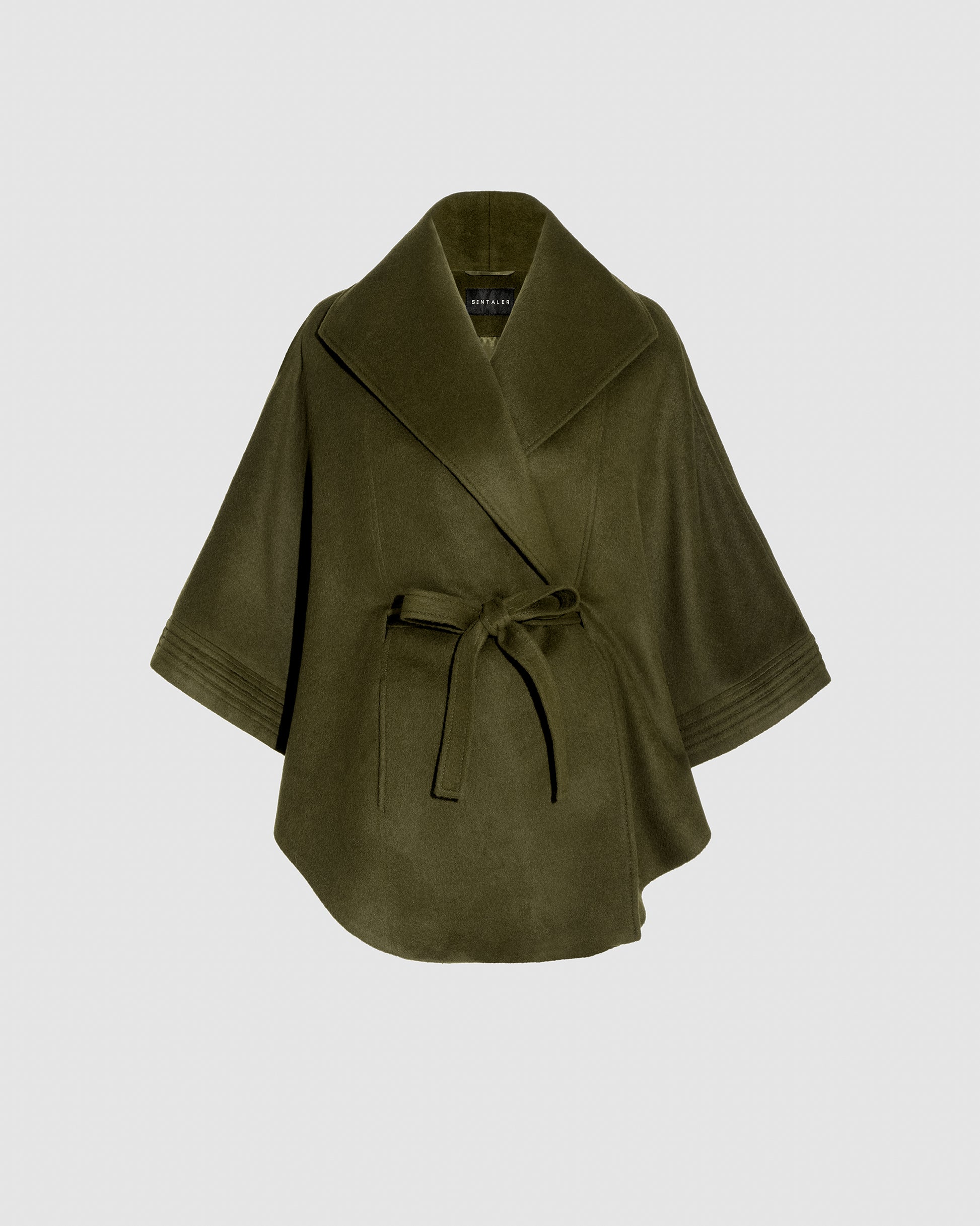 SENTALER Cape with Shawl Collar and Coat in Olive, Baby Alpaca. Off-figure, belted.