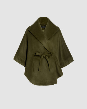 SENTALER Cape with Shawl Collar and Coat in Olive, Baby Alpaca. Off-figure, belted.
