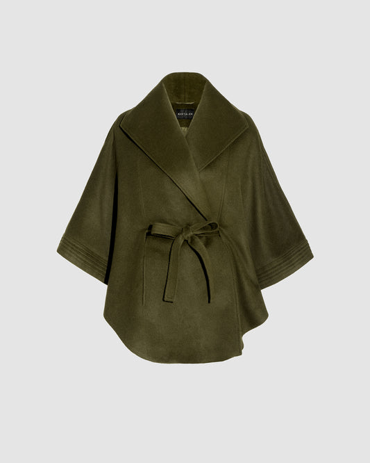 SENTALER Cape with Shawl Collar and Coat in Olive, Baby Alpaca. Off-figure, belted.