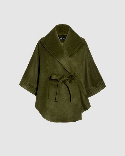 SENTALER Cape with Shawl Collar and Coat in Olive, Baby Alpaca. Off-figure, belted.