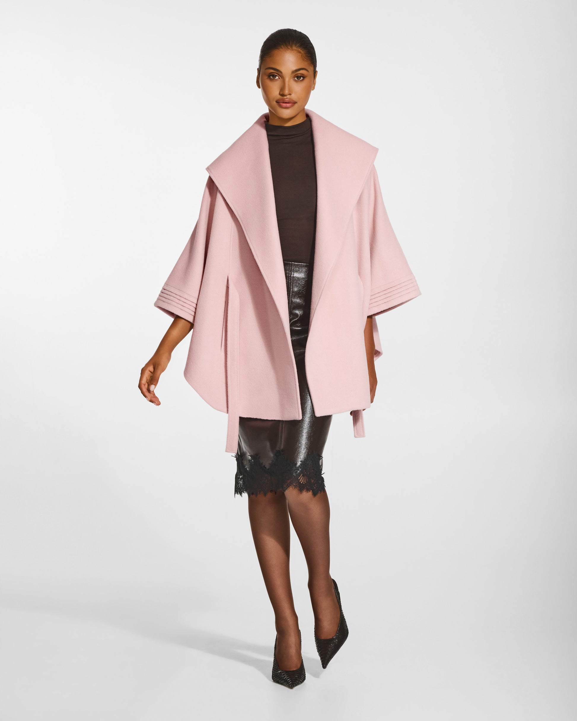 SENTALER Cape with Shawl Collar and Belt in Pink Frost, Baby Alpaca. Worn by a female model, front view, open.