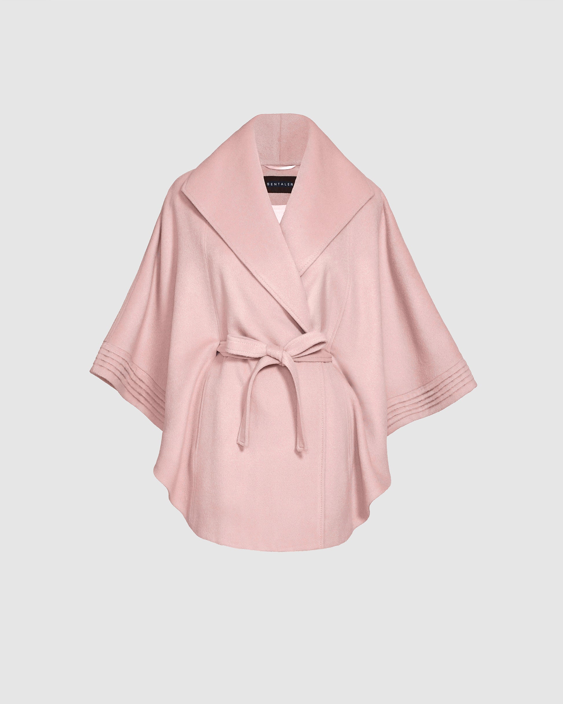 SENTALER Cape with Shawl Collar and Belt in Pink Frost, Baby Alpaca — off-figure front view, belted.