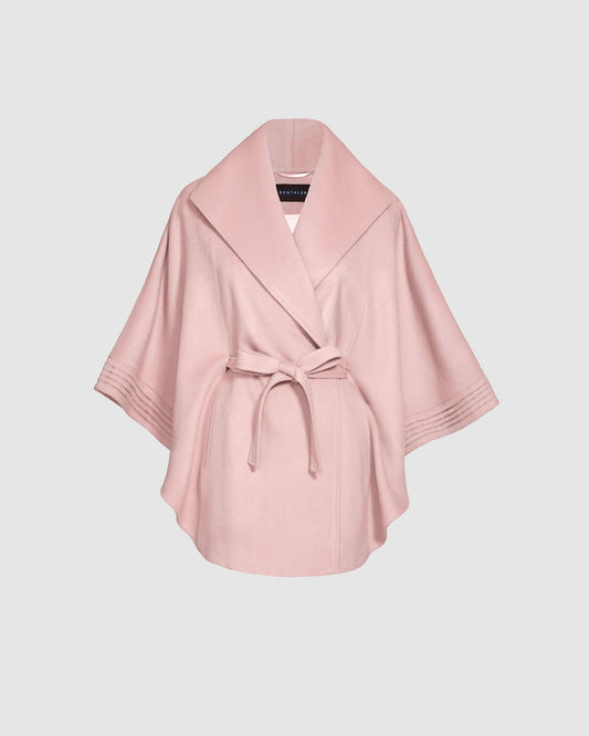 SENTALER Cape with Shawl Collar and Belt in Pink Frost, Baby Alpaca — off-figure front view, belted.