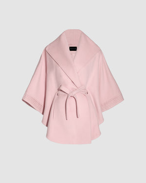 SENTALER Cape with Shawl Collar and Belt in Pink Frost, Baby Alpaca. Off-figure, belted.