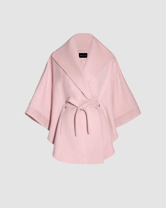 SENTALER Cape with Shawl Collar and Belt in Pink Frost, Baby Alpaca. Off-figure, belted.