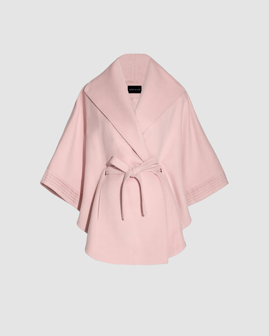 SENTALER Cape with Shawl Collar and Belt in Pink Frost, Baby Alpaca. Off-figure, belted.