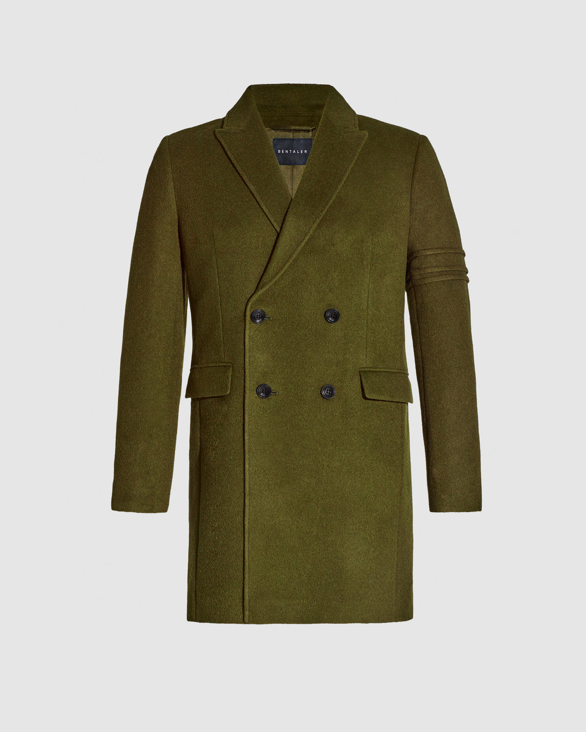 SENTALER Double Breasted Overcoat in Olive, Baby Alpaca — off-figure, front view, buttoned.