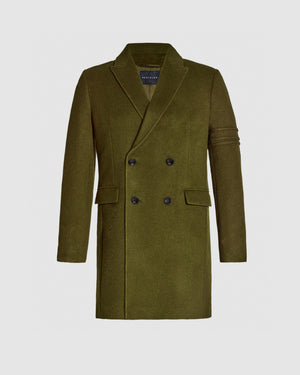 SENTALER Double Breasted Overcoat in Olive, Baby Alpaca — off-figure, front view, buttoned.