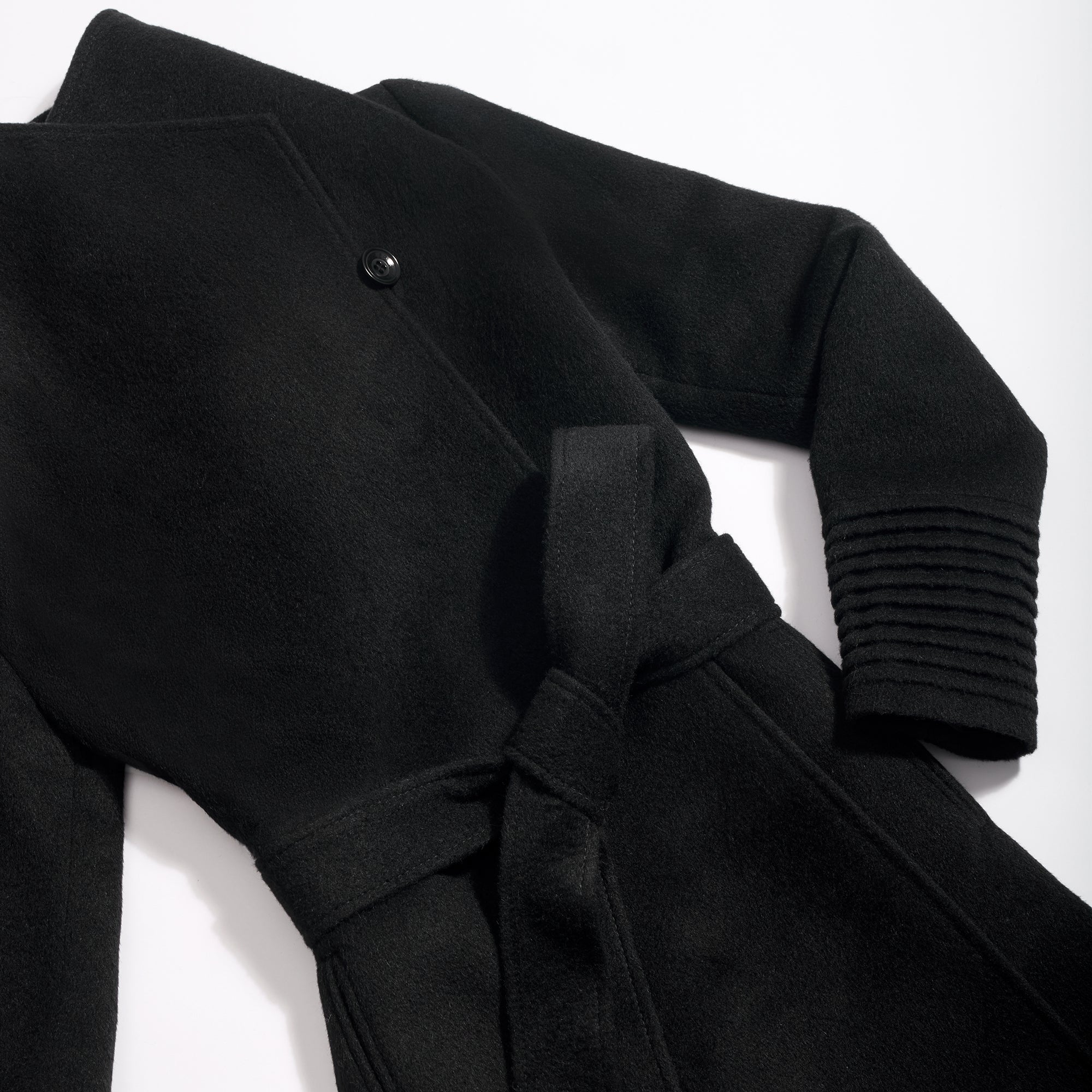 SENTALER Baby Alpaca fabric in Black. Close-up flat lay, Long Funnel Collar Wrap Coat swatch.