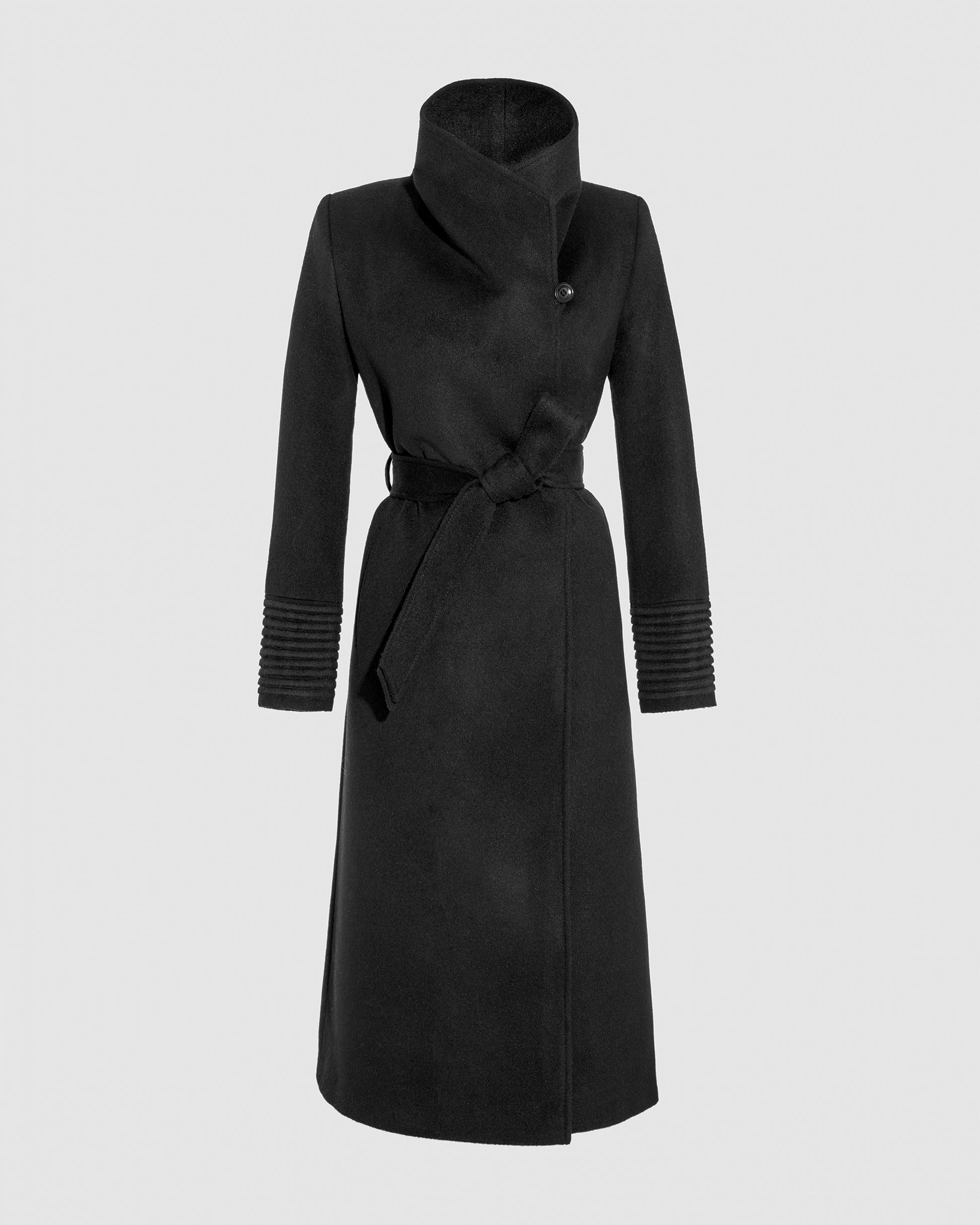 SENTALER Long Funnel Collar Wrap Coat in Black, Baby Alpaca. Off-figure, belted.