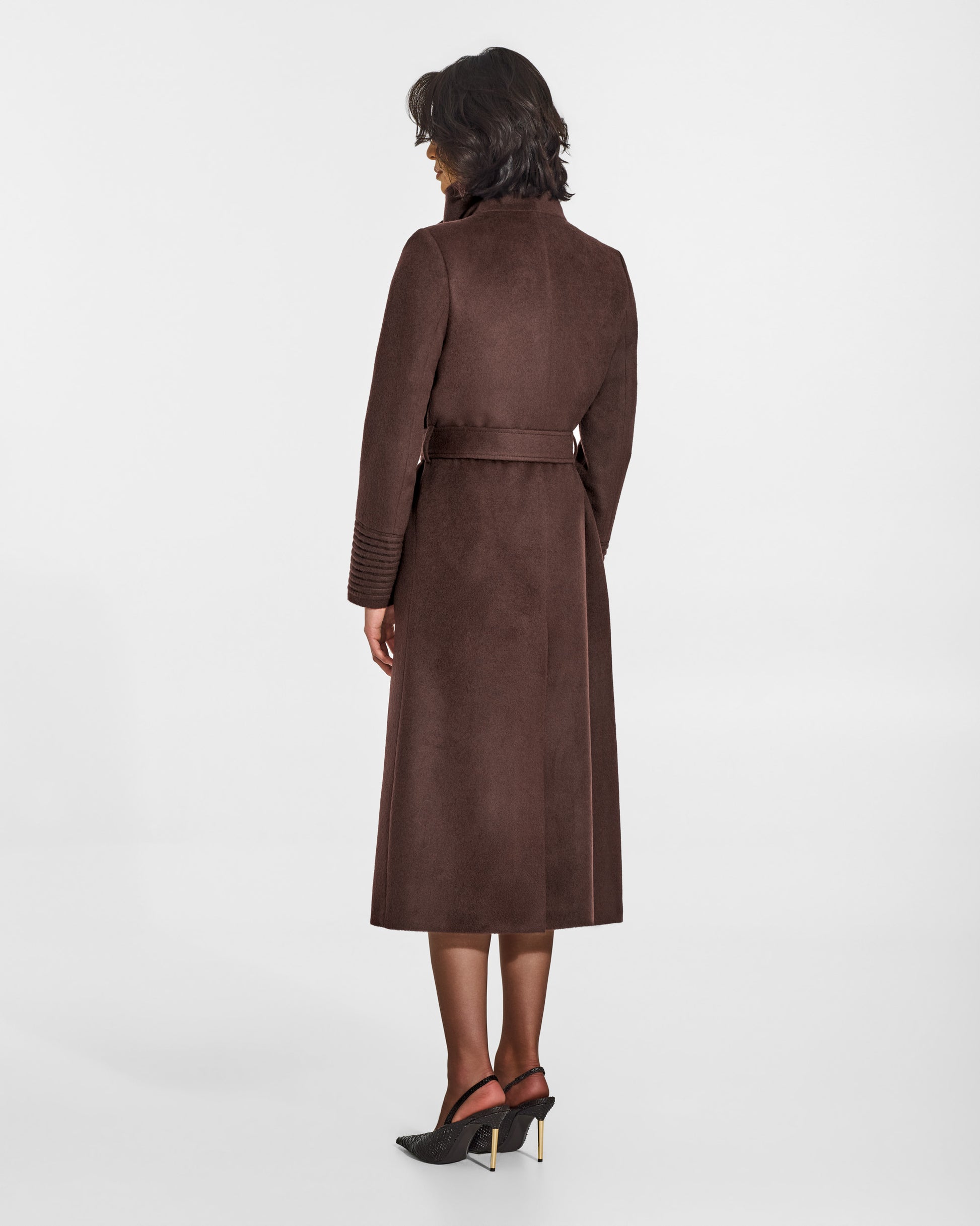 SENTALER Long Funnel Collar Wrap Coat in Chocolate Brown, Baby Alpaca. Worn by a female model, back view, belted.