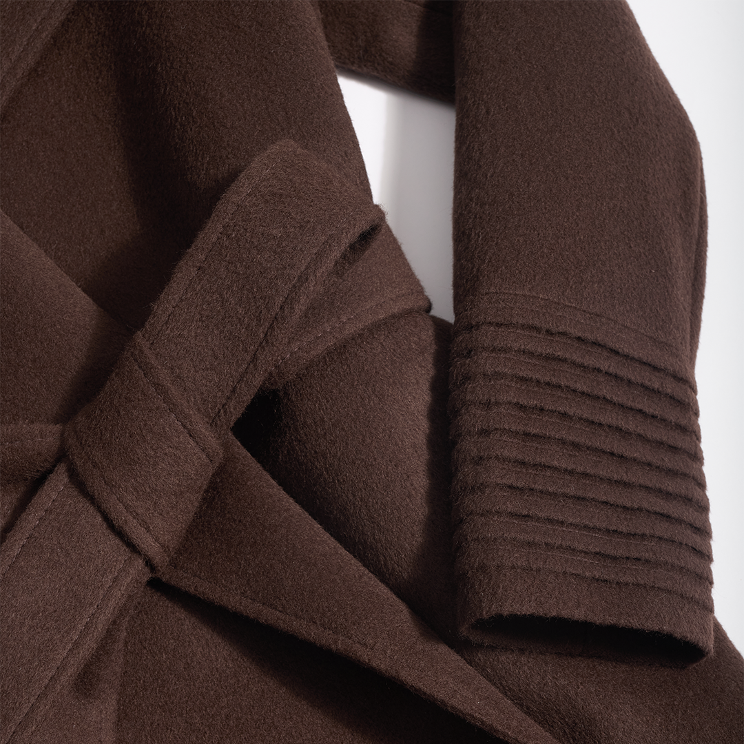 SENTALER Baby Alpaca fabric in Chocolate Brown. Close-up flat lay, Long Funnel Collar Wrap Coat swatch.