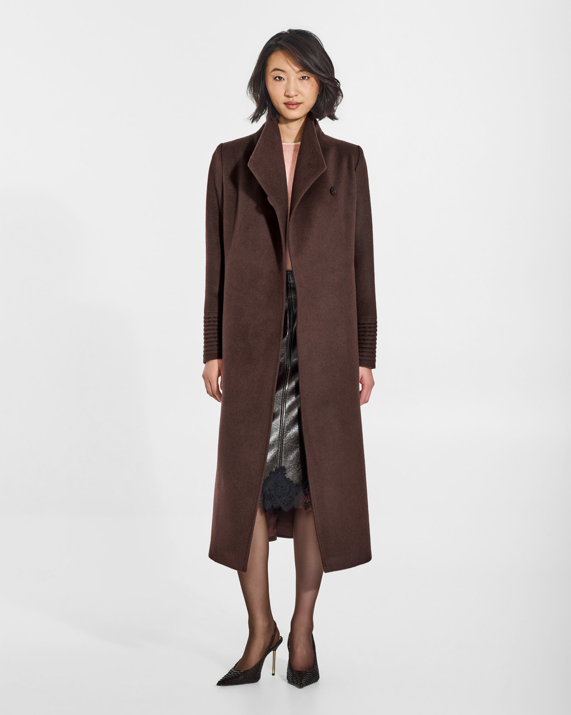 SENTALER Long Funnel Collar Wrap Coat in Chocolate Brown, Baby Alpaca. Worn by a female model, front view, open.