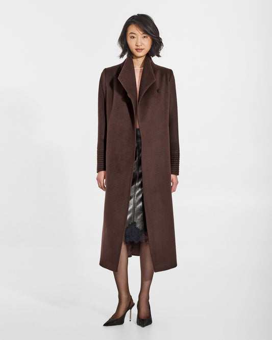 SENTALER Long Funnel Collar Wrap Coat in Chocolate Brown, Baby Alpaca. Worn by a female model, front view, open.