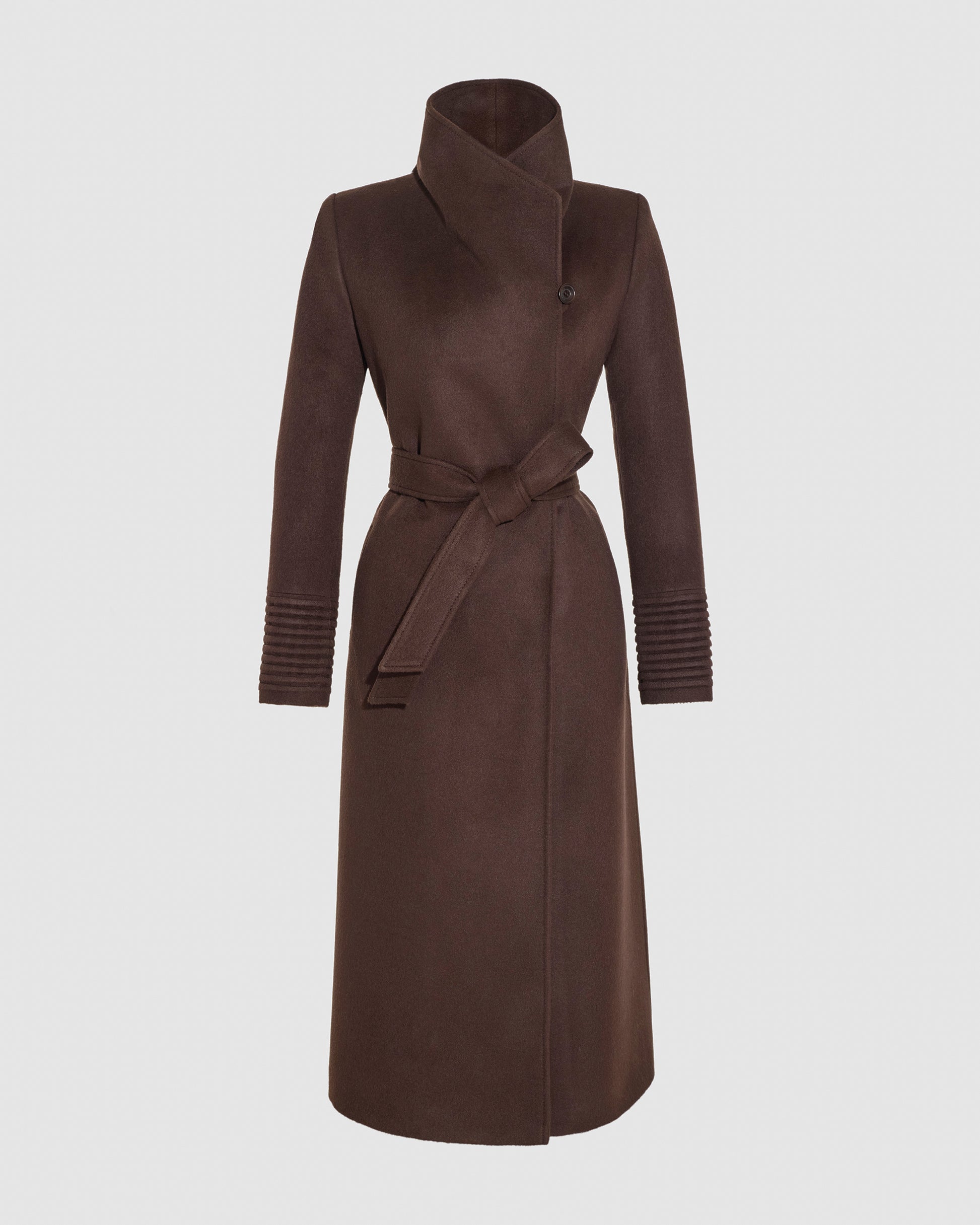 SENTALER Long Funnel Collar Wrap Coat in Chocolate Brown, Baby Alpaca. Off-figure, belted.