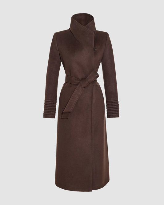 SENTALER Long Funnel Collar Wrap Coat in Chocolate Brown, Baby Alpaca. Off-figure, belted.