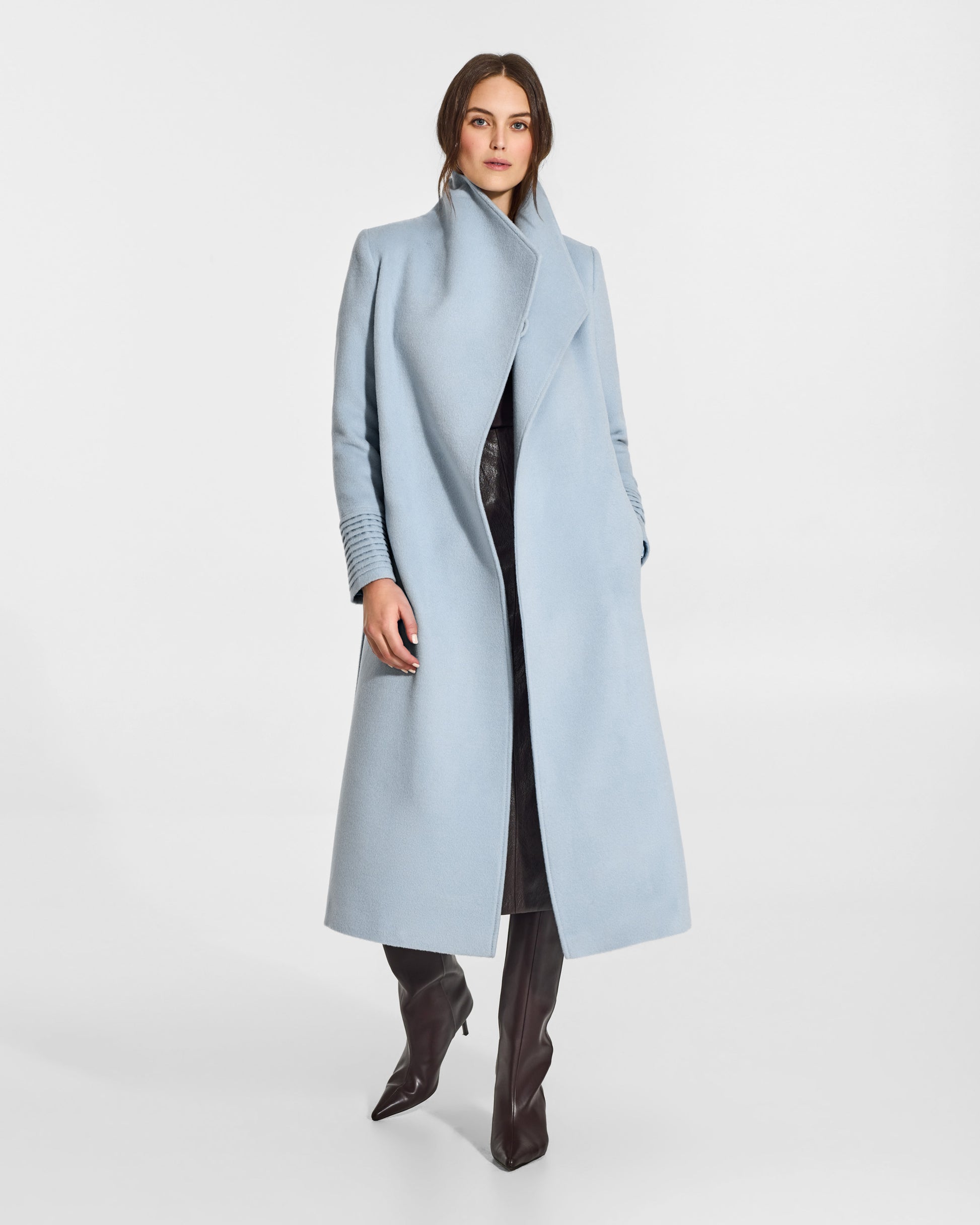 SENTALER Long Funnel Collar Wrap Coat in Glacial Blue, Baby Alpaca. Worn by a female model, front view, open.